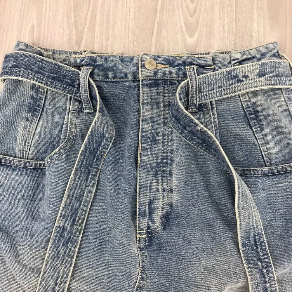We The Free Thirty 30 Blue Mini Skirt Belted Button-Fly Pockets‎ Raw Hem